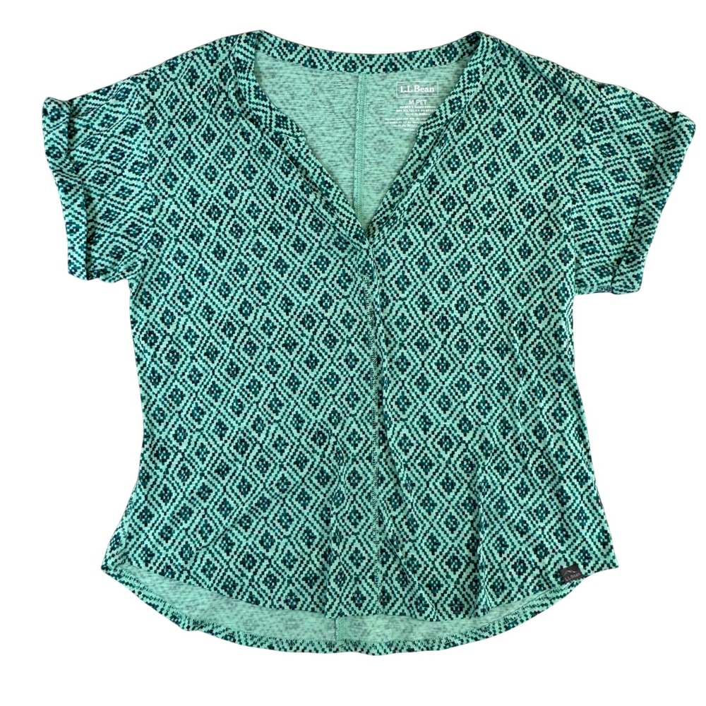 LL Bean Womens M Pet Green Geometric Diamond Print Split V-Neck Top 510095
